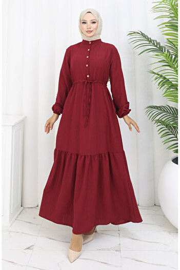 sefamerve Beli Lace-Up Half-Button Dress 0183-03 Burgundy
