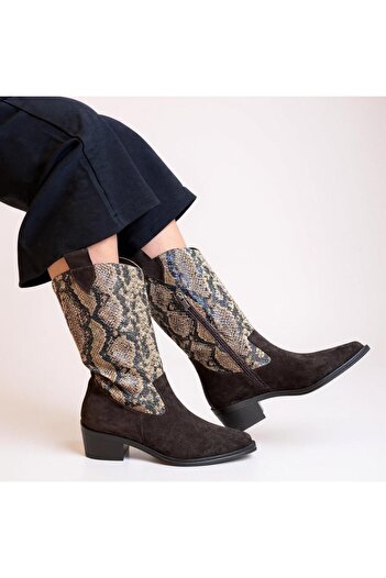 NE&VE SHOES Γυναικείες μπότες Western με φερμουάρ από γνήσιο δέρμα σε καφέ σουέντ με στάμπα φιδιού