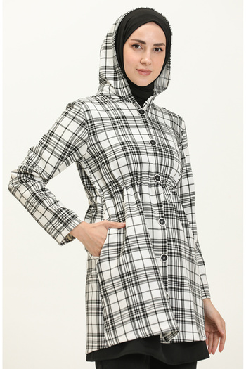 sefamerve Plaid Patterned Hooded Tunic Set 8001-01 Black White
