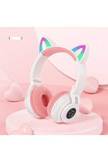 VALA Căști wireless pentru copii cu urechi de pisică, pliabile, lumini LED RGB, Vala® STN-26 PREMIUM, albe