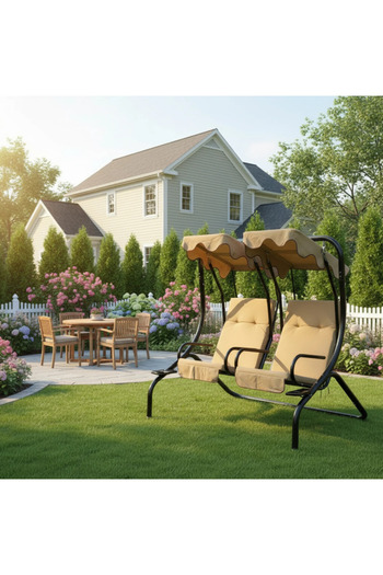 Family Ship Two-Person Garden Swing with High-Quality Fabric Canopy and Metal Base - Beige Color