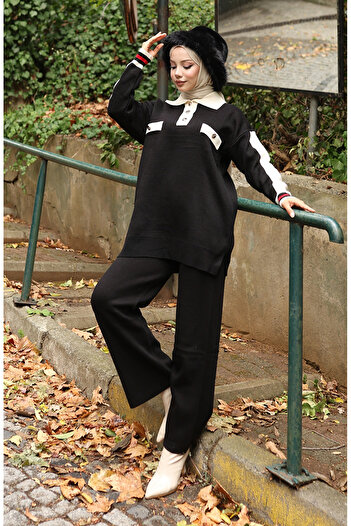 sefamerve Knitwear Polo Neck Tunic Trousers Double Suit 1048-04 Black
