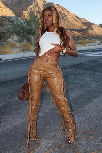 WildFashion Faux leather pants with fringes G739-16