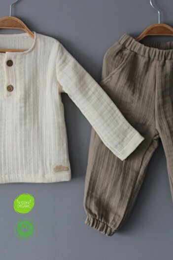 DeviCoo 100% Cotton Organic 4 Layer Muslin Buttoned Sweat Children's Set - Unisex