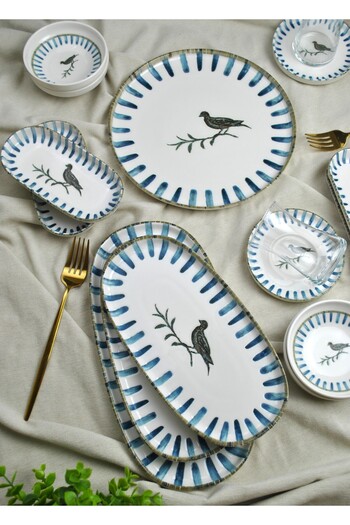 Qualitev 29 Piece Porcelain Breakfast Set Love Birds Blue - Breakfast Plate Set for 6 People