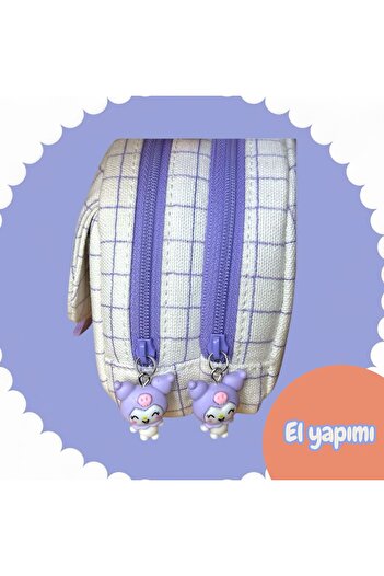 BABUN 8 Parça Sanrio Büyük Geniş Kapasiteli İki Bölmeli Kuromi Kalemlik Kalem Kutu Kırtasiye Seti Kareli