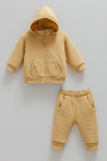 DIGERUI Animals World Kangaroo Pocket Back Embroidered Hooded Three-Piece Bottom-Up Set Yellow
