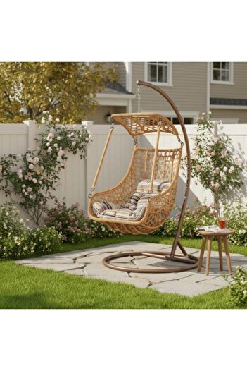 Family Ship Rattan and Metal Swing Chair for Outdoor Spaces - Beige Color