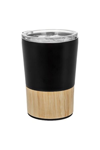 SHOPIENS Thermos Cup - Black Stainless Steel with Bamboo Detail, Transparent Lid, 400ml