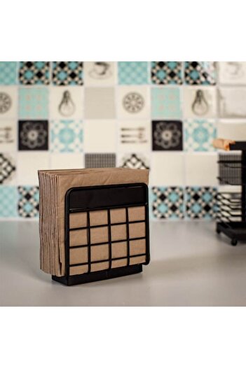 SHOPIENS Metal Napkin Holder, Black with Wooden Base, 12x6x11.5 cm