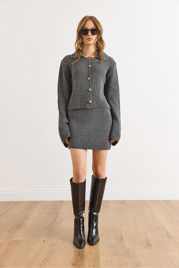Olalook Women's Smoked Cardigan Skirt Soft Textured Knitwear Set Tkm-19000445