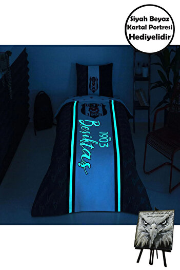 Taç Beşiktaş 1903 Glow Single Size 120X200 Duvet Cover Set with Elastic Sheets Mini 3D Portrait with Gift