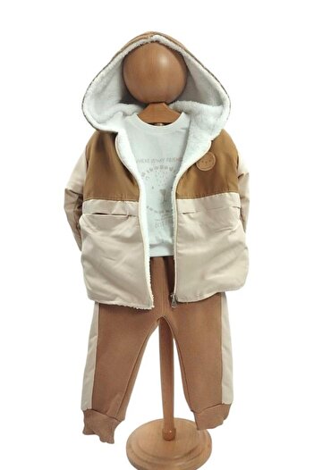 Dumledo Brown Plush Jacket, Sweatshirt and Pants 3-Piece Baby Boy Set