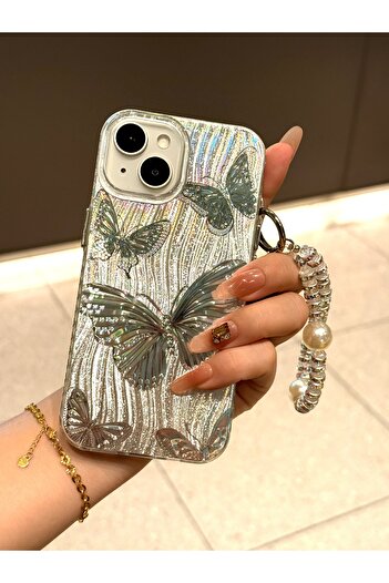 Fibaks iPhone 13 - 14 - 15 Case Hologram Charm Strap Hologram Butterfly Design Patterned Silicone Cover