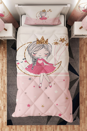 BelezaHome Pink and White Striped Moon Girl Patterned Single Children's Quilt Sleeping Set