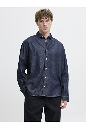 Jack & Jones Men's Navy Blue Jornorrebro Denim Shirt Ls Sn Jean Shirt 12282775-Darkblue