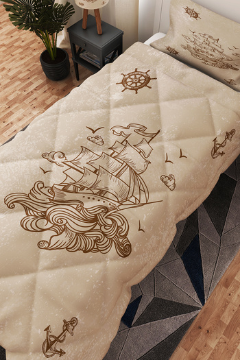 BelezaHome Brown Ship Anchor Rudder Patterned Single Children's Quilt Sleeping Set