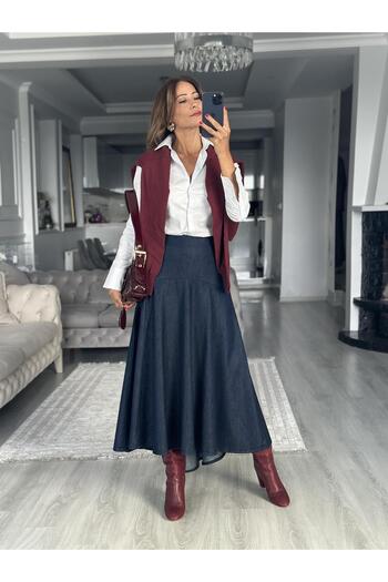 Forlady Butik Lacivert Arkası Fermuarlı Midi Boy Kadın Denim Etek