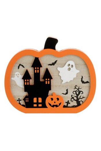 Silver Star Halloween Decoration 2D Wooden Pumpkin with Tower & Ghost 20 x 2 x 17 cm