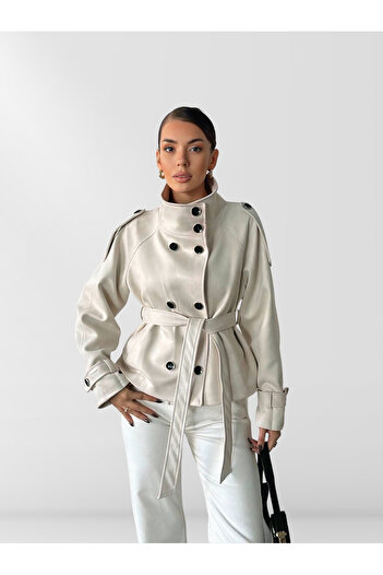 chwain Stand-Up Collar Suede Jacket with Belt and Aller Details