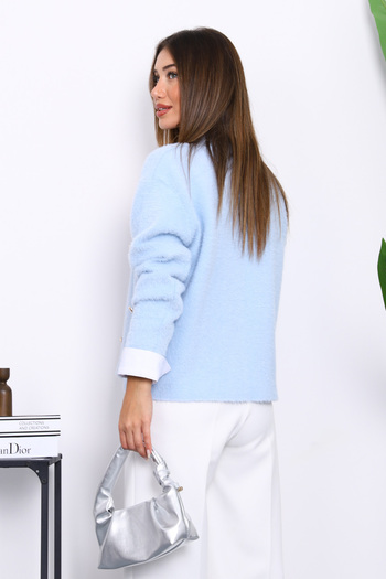 İmajButik Baby Blue Button Detailed Angora Soft Knit Cardigan
