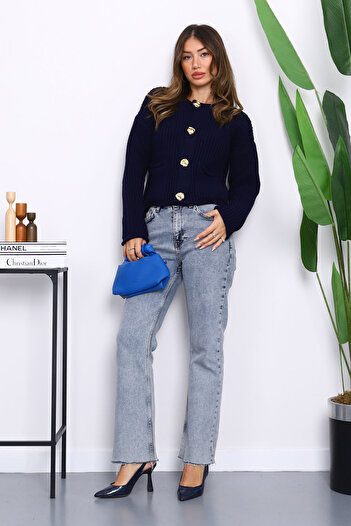 İmajButik Navy Blue Thessaloniki Braided Short Knit Cardigan