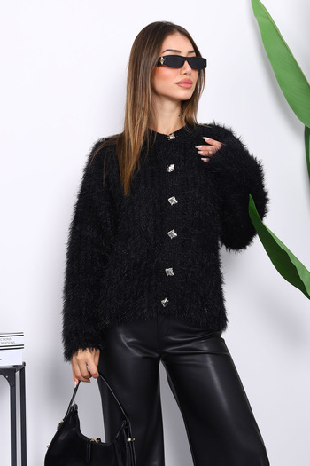 İmajButik Black Buttoned Glitter Angora Soft Knit Cardigan