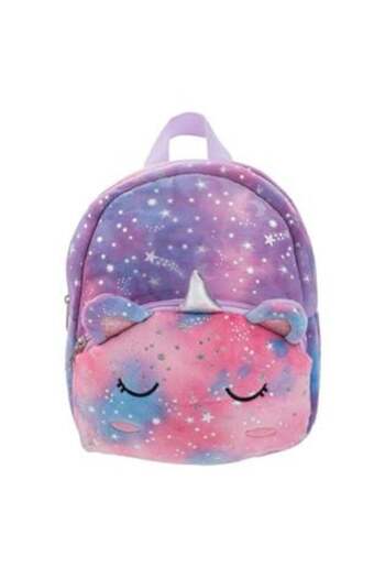 OEM Lilac Pink Unicorn Velvet Backpack with Gold Foil Stars for Kids 21 x 7 x 24.5 cm