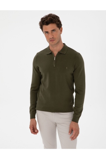 Pierre Cardin Slim Fit Polo Collar Zippered Basic Knit Sweater