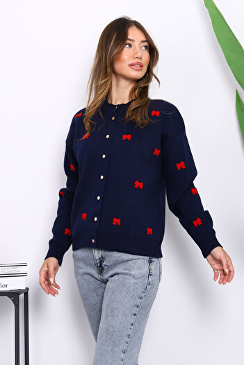İmajButik Navy Blue Bow Embroidered Knitwear Cardigan