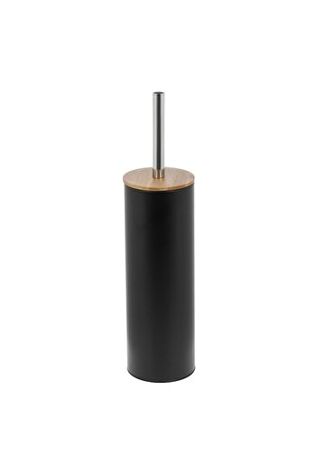SHOPIENS Metal Toilet Brush, Black with Bamboo Lid, Height 39 cm