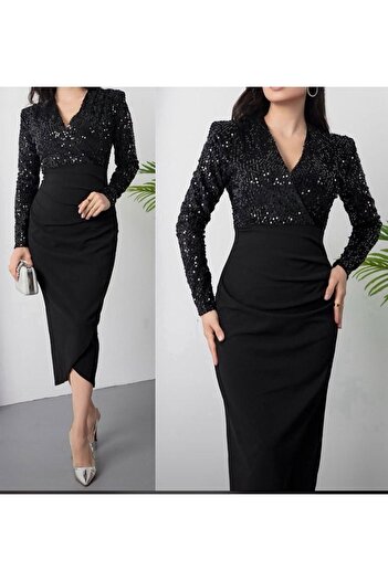 tülaybutik Women's Black Top Sequin Bottom Crepe Fabric Evening Dress
