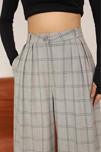 Bak'ap High Waist Pleated Cotton Palazzo Plaid Fabric Pants