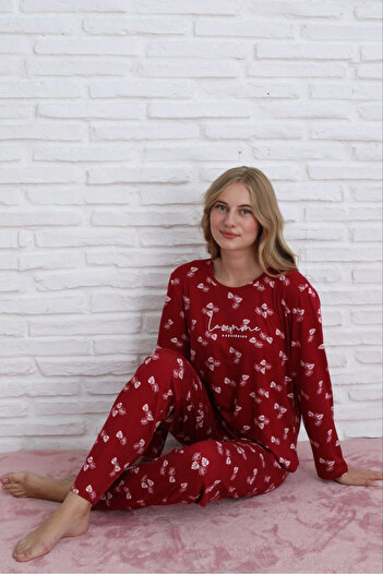 Pijamoni Women's Milan Fabric Crew Neck Leaf Patterned Burgundy Pajama Set - 7600