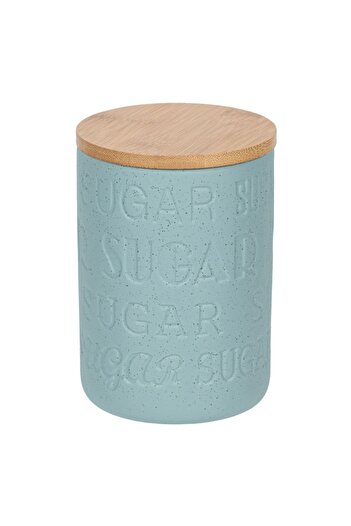 SHOPIENS Ceramic Jar, Relief Pattern, Bamboo Lid, Grey-Blue, 0.65 L