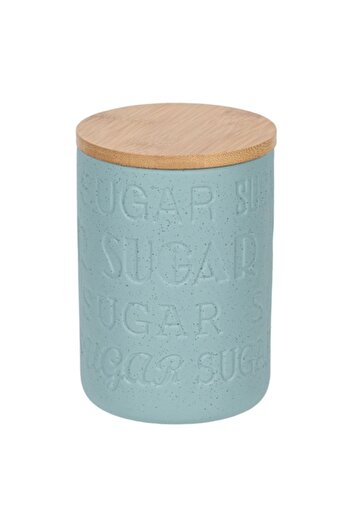 SHOPIENS Ceramic Jar, Relief Pattern, Bamboo Lid, Grey-Blue, 0.65 L