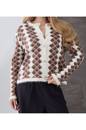 ZY BUTİK White-Brown Baklava Patterned Cardigan