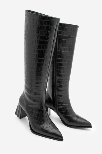 Marjin Women's Pointed Toe Thick Heeled Boots Alenta Black Croco