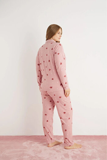 Pijamoni Women's Plus Size Suede Fabric Buttoned Front Stylish Pajama Set - Dusty Rose
