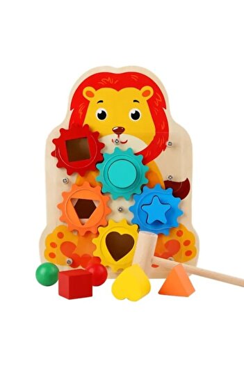 OEM Wooden toy in the shape of a lion with balls and hammer, sorting different shapes, educational, Mont