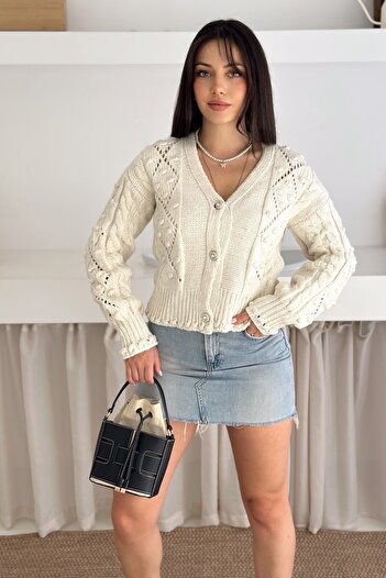 FEMELLE Women's Beige Openwork Stone Buttoned Crop Knit Cardigan