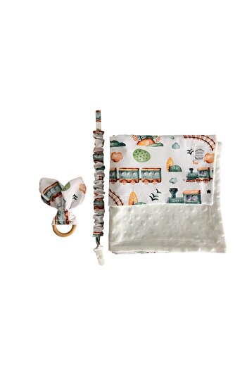 ATELIER ALEDA 3-piece baby gift set, cotton/minky train print,