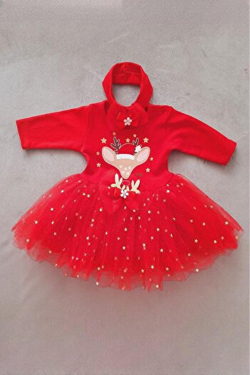 Dumledo New Year's Red Tutu with Deer Figure New Year's Bandana and Dress 2-Piece Baby Girl Set