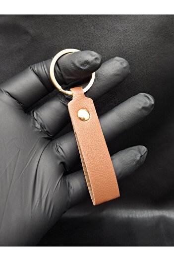 Han Ticarethane Tan Color Leather Keychain with Gold Color Ring