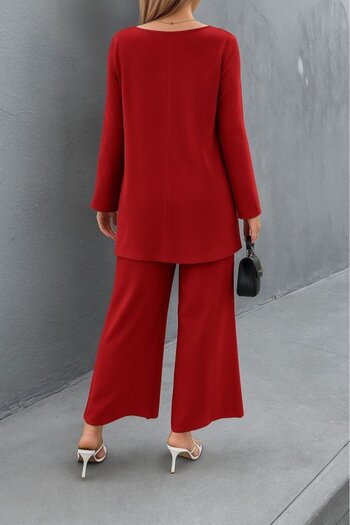 JANES Women's long sleeve asymmetrical detail loose sandy blouse and pants two-piece set