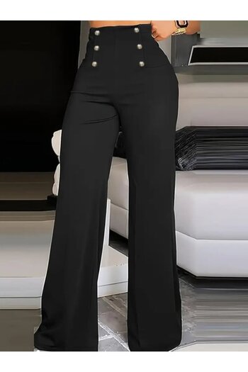 JANES Women's High Waist Front Buttoned Wide Leg Imported Crepe Trousers