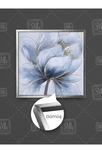SML TABLO Pictură pătrată pe pânză cu cadru, cu detaliu auriu, cu flori mari albastre, decor de lux