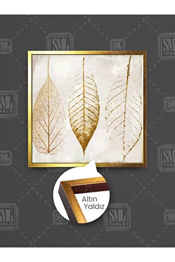 SML TABLO Pictură pe pânză pătrată înrămată cu frunze liniare aurii, decor modern de lux