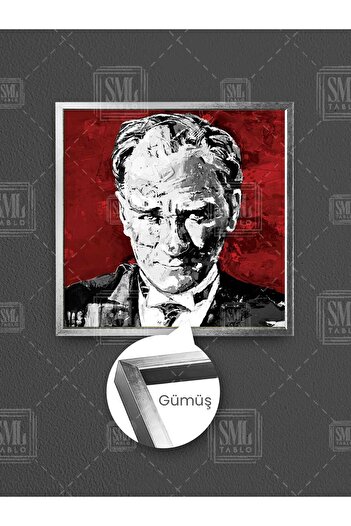 SML TABLO Mustafa Kemal Atatürk Portret Karimzatik Pictură pe pânză pătrată cu rama roșie și neagră