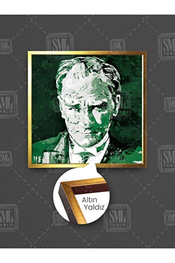 SML TABLO Mustafa Kemal Atatürk Portret Karimzatik Pictură pe pânză pătrată înrămată în verde și alb
